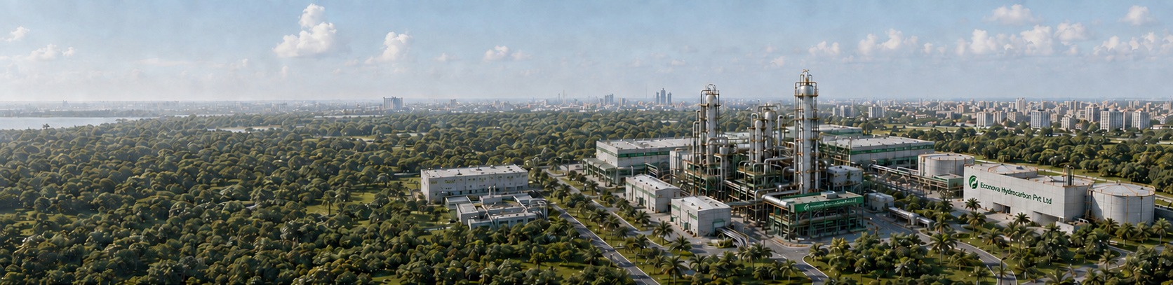 Aerial view of an EcoNova clean fuels plant beside urban greenery